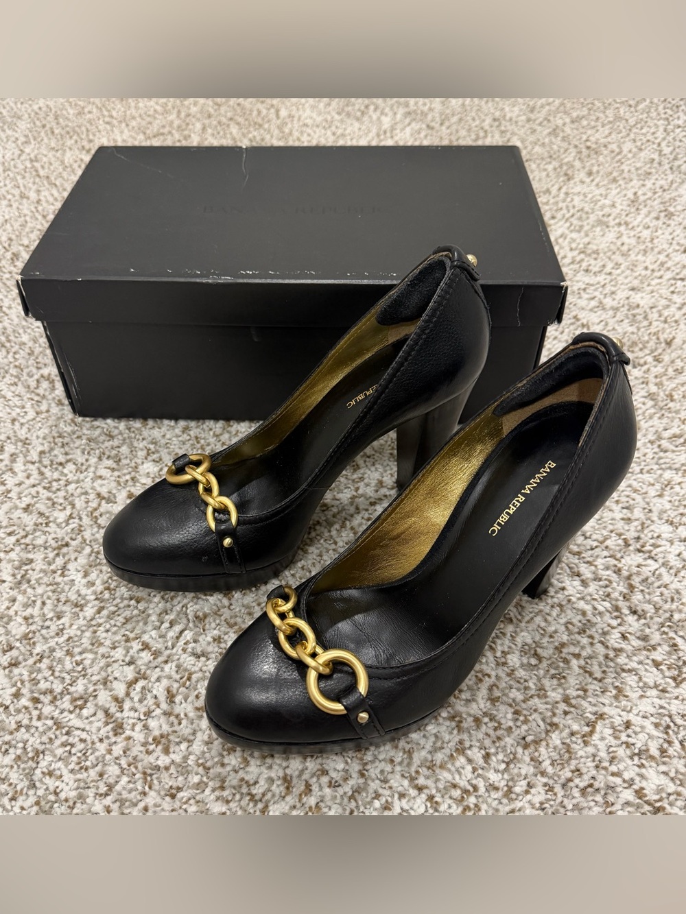 Banana Republic Black Leather Heels with Gold Chain Detail